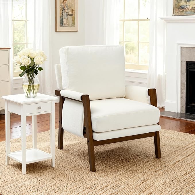 Cream Accent Chair for Bedroom & Living Room, Mid Century Modern Accent Arm Chair, Upholstered Anthropologie Accent Chair with Solid Wood Frame, Fabric