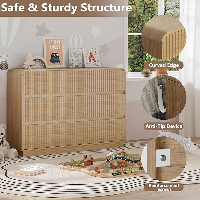 Dresser for Bedroom with 6 Drawers, Fluted Chest of Drawers with Round Curved Corner, Hidden Handles, Modern Wood Storage Organizer for Bedroom, Nursery, Living Room