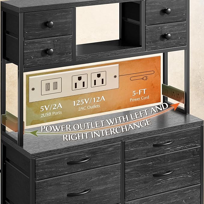 EnHomee Black Dresser with 14 Fabric Drawers, Dresser for Bedroom with Charging Station and LED Lights,Dressers & Chests of Drawers for Bedroom, Steel Frame & Wooden Top, Entryway