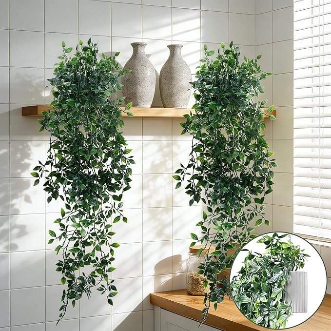Artificial Hanging Plants for Shelf, 2-Pack Fake Potted Greenery Faux Mandala Vines in Black Pot, Décor for Office Living Room Bathroom Indoor Outdoor