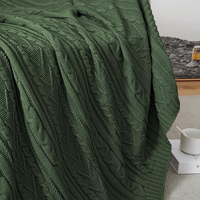 Aormenzy Green Cable Knit Throw Blankets for Couch Bed Sofa, Acrylic Knitted Blanket, Soft Cozy Throw Blanket, 50" x 60"