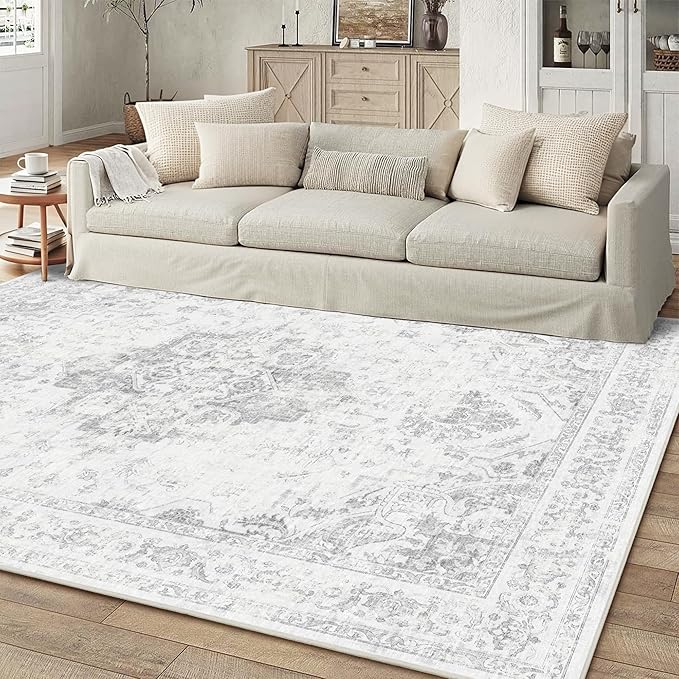 5x7 Vintage Washable Area Rugs Boho Medallion Large Distressed Retro Accent Carpet Floral Non-Slip Soft Low Pile Indoor Throw Rug for Living Room Bedroom Dining Room Office Kitchen, Gray