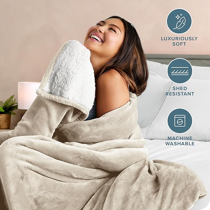Bare Home Sherpa Fleece Blanket - Full/Queen Size - Blanket for Bed, Sofa, and Couch - Warm & Lightweight - Fluffy & Soft - Reversible (Full/Queen, Oyster)