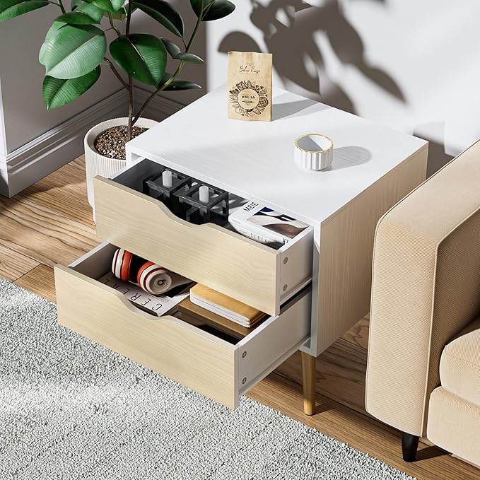 White Nightstand with 2 Drawer Dresser for Bedroom,Small White Oak Dresser with Drawers,End Table, Side Table for Bedroom,Living Room, Closet