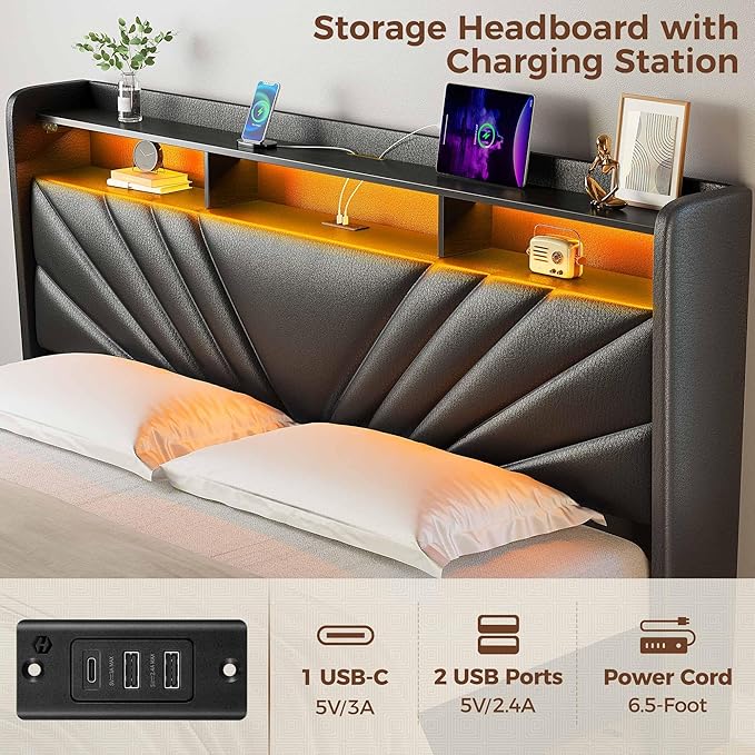 Rolanstar King Size Bed Frame, Storage Headboard with Charging Station and LED Lights, Upholstered Bed with Heavy Duty Wood Slats, No Box Spring Needed, Noise Free, Easy Assembly, Black