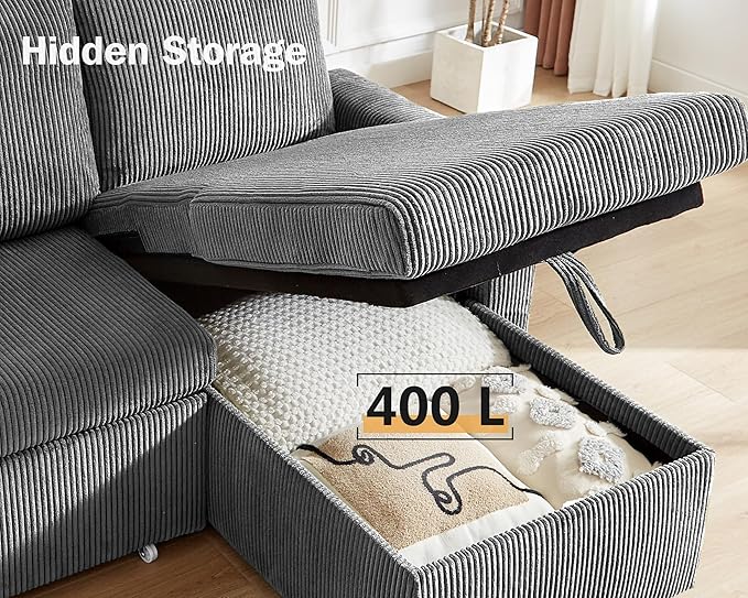 Vipbear 80" Sectional Sleeper Sofa Bed with Pull Out Bed, L Shaped Couch Pull Out Couch with Reclining Backrest, Reversible Storage Chaise, USB Ports, Tool-Free Assembly, Corduroy Grey