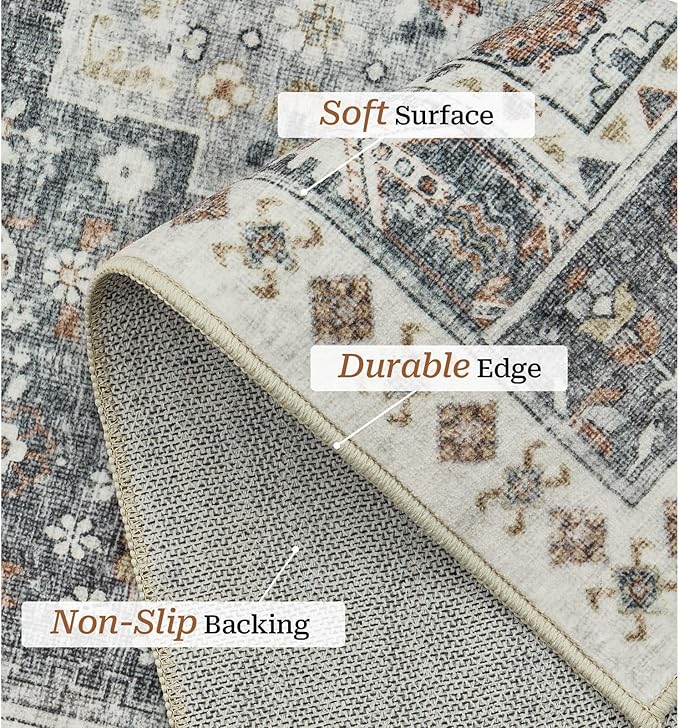 zesthome 8x10 Area Rugs for Living Room,Non-Slip Backing Washable Rugs,Vintage Large Area Rug，Stain Resistant Home Decor Rug (Grey/Orange,8'x10')