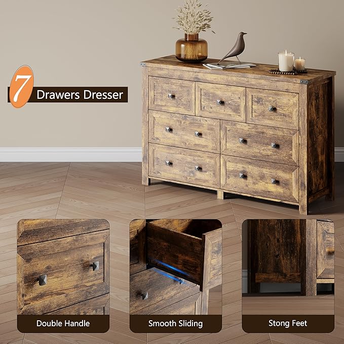 Dresser for Bedroom with 7 Drawers, Farmhouse Wood Chest of Drawers, Wide TV Stand Closet Storage Furniture with Metal Handle, Modern Clothes Organizer for Hallway, Living Room, Entryway, Brown