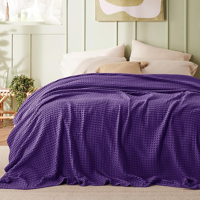 Bedsure Cooling Cotton Waffle Queen Size Blanket - Lightweight Breathable Blanket of Rayon Derived from Bamboo for Hot Sleepers, Luxury Throws for Bed, Couch and Sofa, Purple, 90x90 Inches