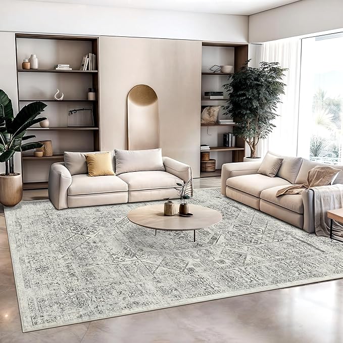5x7 Area Rugs Grey Low Pile Indoor Washable Trendy Faded Style Floral Rugs for Bedroom Living Room Dining Room Foldable Non-Slip Thin Print Mat