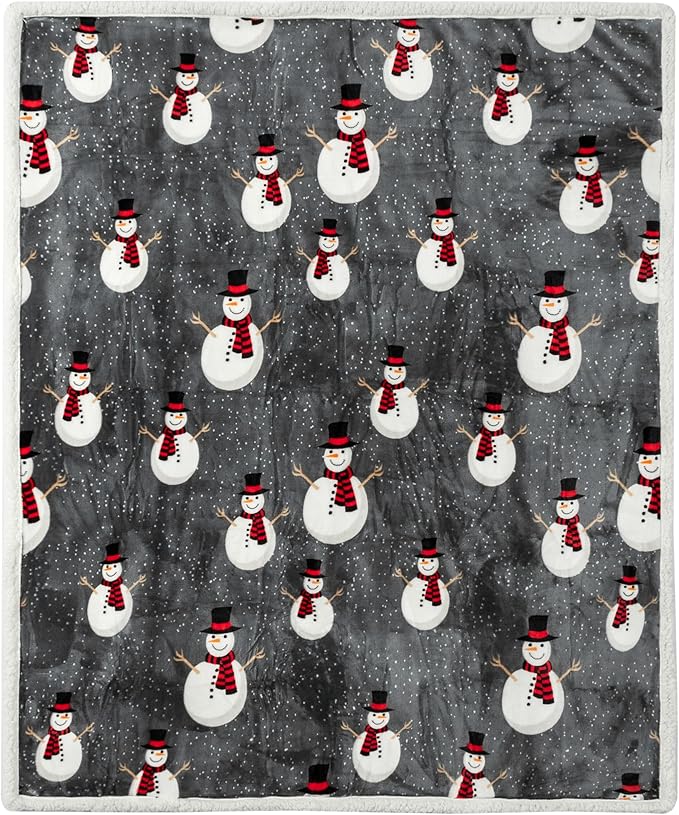 PAVILIA Premium Christmas Sherpa Throw Blanket, 50x60, Grey Snowman Cozy Fleece Holiday Blanket, Reversible Plush Winter Throw for Couch & Bed, Ultra Soft Warm