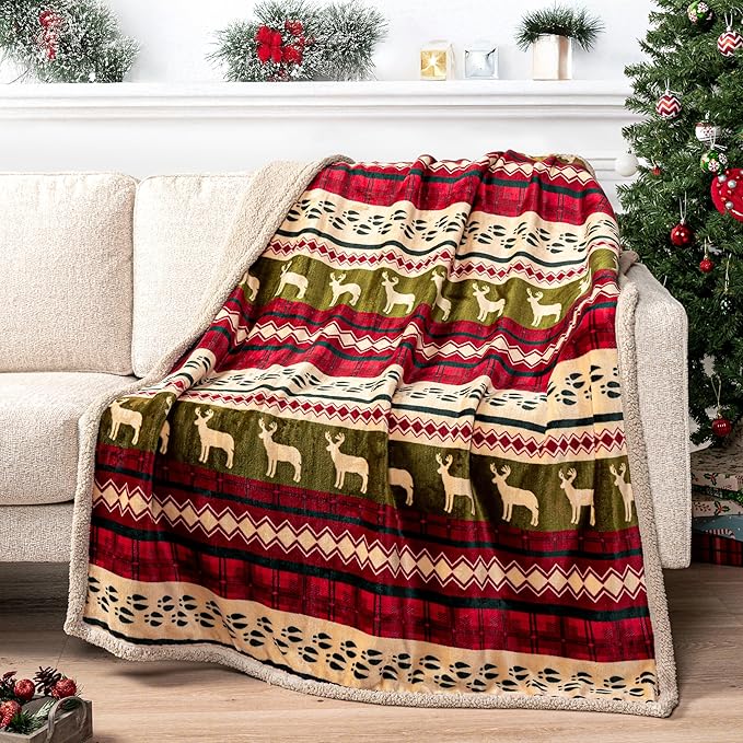 PAVILIA Premium Christmas Blanket Sherpa Fleece Throw Twin| Plush Christmas Decoration, Reindeer, Cozy Reversible Winter Holiday Cabin Blanket for Sofa Couch 60x80