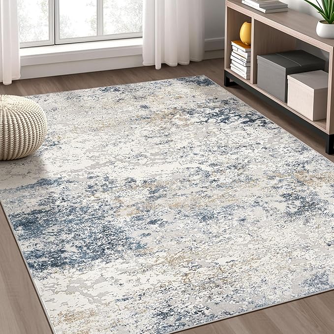 Area Rug Living Room Rugs - 5x8 Abstract Large Soft Indoor Washable Rug Neutral Modern Low Pile Carpet for Bedroom Dining Room Farmhouse Home Office - Beige Blue
