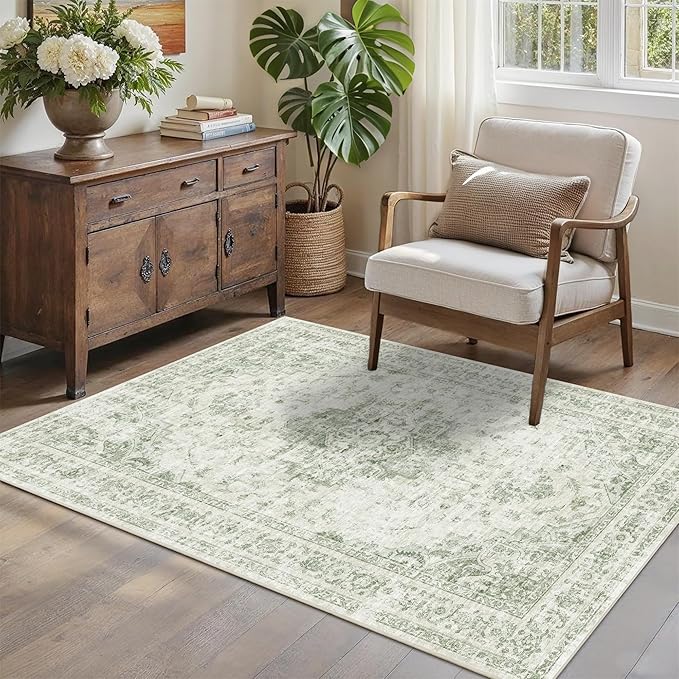 3x5 Vintage Washable Area Rugs Boho Medallion Large Distressed Retro Accent Carpet Floral Non-Slip Soft Low Pile Indoor Throw Rug for Living Room Bedroom Dining Room Office Kitchen, Green