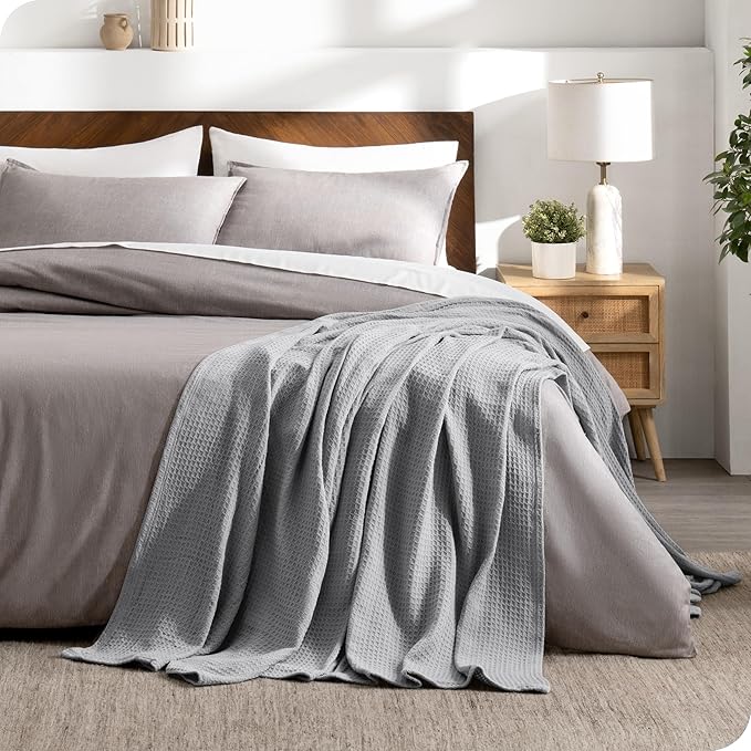 Bare Home Light Grey Waffle Blanket, Throw Size 44Wx66L, 100% Cotton, Soft & Breathable for All Seasons, Lightweight, Perfect for Layering Bed, Sofa & Couch (Throw/Travel, Light Grey)