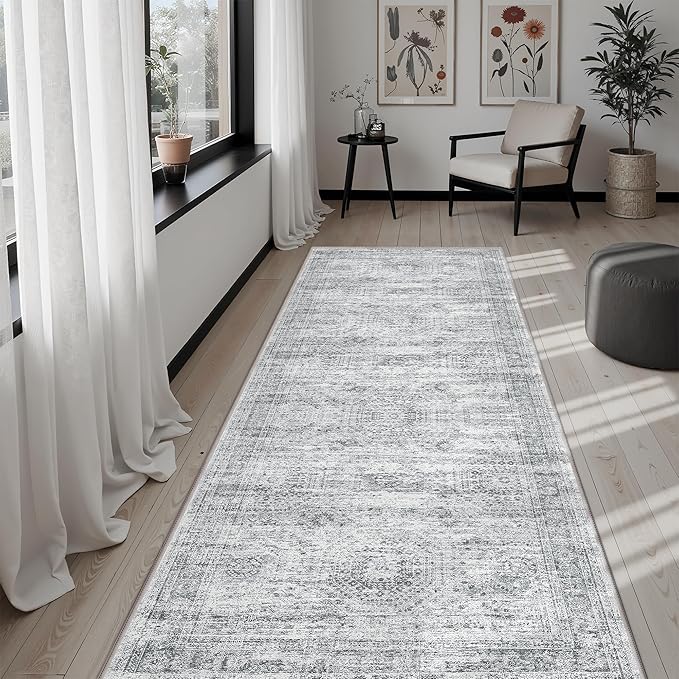 Washable Runner Rug, 2'6" x 8' Non-Slip Kitchen Vintage Foldable Hallway Runners for Entryway, Laundry, Bedroom, Grey
