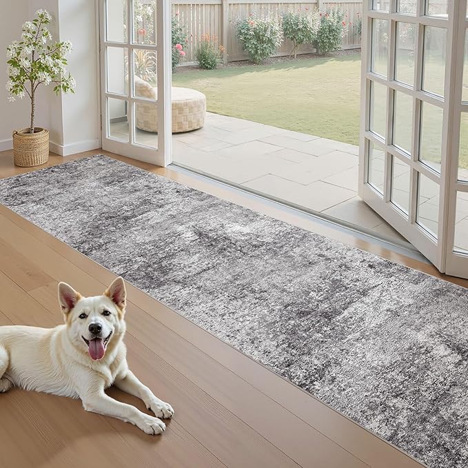 Washable Runner Rug for Hallway: 2.6x14 Neutral Modern Abstract Low Pile Area Rug with Non-Slip Backing - Carpet for Bedroom Kitchen Laundry Entryway Bathroom Indoor - Grey