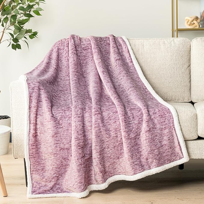 Premium Sherpa Melange Throw Blanket for Couch, Sofa by Pavilia | Soft, Fluffy, Plush, Warm, Cozy | Fuzzy Lightweight Microfiber, Purple Wine Luxury Modern Reversible TV Blanket | 50 x 60 Inches