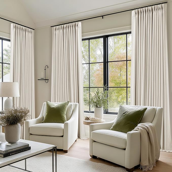 Pinch Pleated Blackout Linen Curtains 84 Inch Long for Living Room Bedroom Room Darkening Thick Linen Curtain 84 Inch Length 2 Panels Set Double Layer Boho Farmhouse Cream Ivory Natural Window Drapes