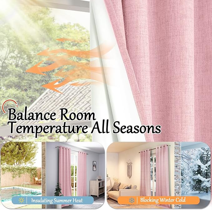 Baby Pink Linen Blackout Curtains for Nursery 90 Inch Length 2 Panels Set, Thermal Insulated Boho Total Black Out Noise Reducing Bonzer Grommets Window Curtains for Girls Bedroom, Each 52 Inch Wide