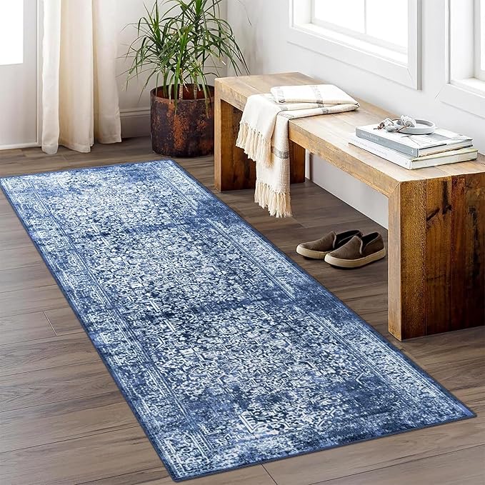 vivorug Runner Rug 2x10 Machine Washable Rug with Non-Slip Backing, Ideal for Kitchen Hallway Entryway Laundry Room - Vintage, Durable, Easy Clean, Low Pile Carpet Runner, Navy Blue
