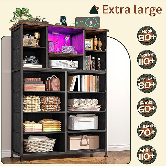Dresser for Bedroom with 13 Fabric Drawers, Dressers with LED & 4 Charging Ports, 47''H Chest of Drawers with Open Storage Shelves for Hallway, Entryway, Rustic Brown