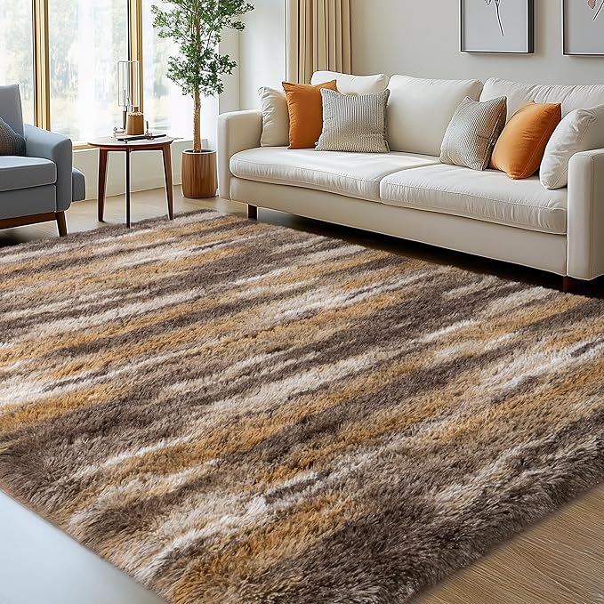 Fluffy Rugs for Bedroom Living Room, 4x6 Feet Abstract Brown Shag Area Rugs, Non-Slip Indoor Modern Fuzzy Plush Floor Carpet for Dorm Nursery Kids Room Decor, Soft Shaggy Throw Rug