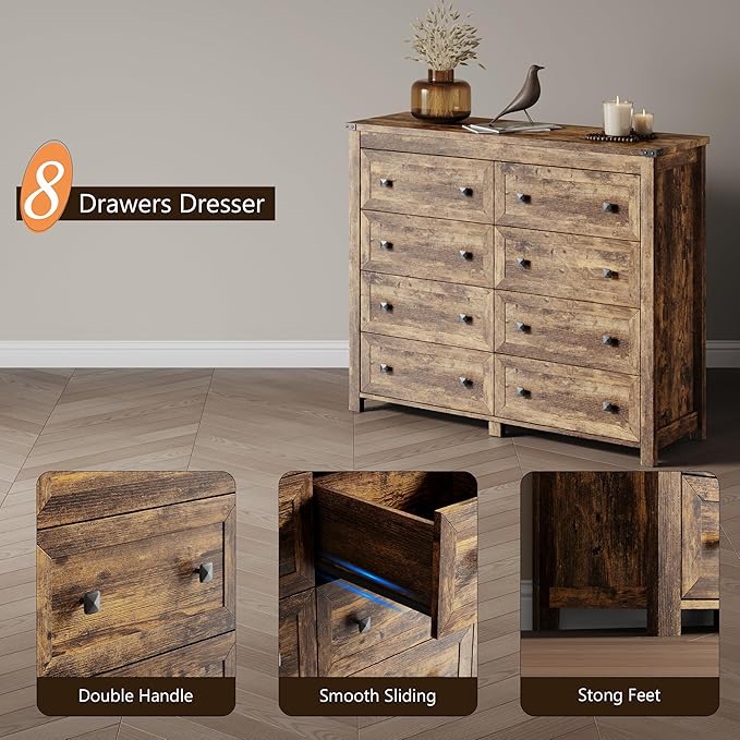 Dresser for Bedroom with 8 Drawers, Farmhouse Wood Chest of Drawers, Wide TV Stand Closet Storage Furniture with Metal Handle, Modern Clothes Organizer for Hallway, Living Room, Entryway, Brown