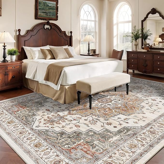 8x10 Area Rugs for Living Room Ultra-Soft Washable Rug Vintage Distressed Boho Area Rug, Non-Slip Low Pile Stain Resistant Carpet for Bedroom Dining Room Kitchen Office