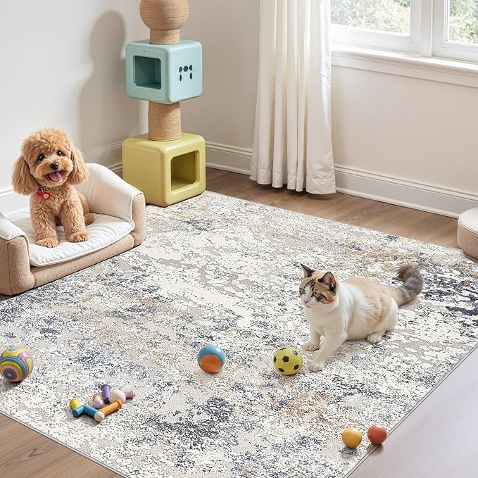Square Area Rug Living Room Rugs - 6x6 Washable Large Soft Indoor Neutral Modern Abstract Low Pile Rug Carpet for Bedroom Dining Room Farmhouse Home Office - Beige Blue