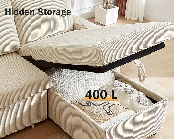 Vipbear 80" Sectional Sleeper Sofa Bed with Pull Out Bed, L Shaped Couch Pull Out Couch with Reclining Backrest, Reversible Storage Chaise, USB Ports, Tool-Free Assembly, Corduroy Beige Color