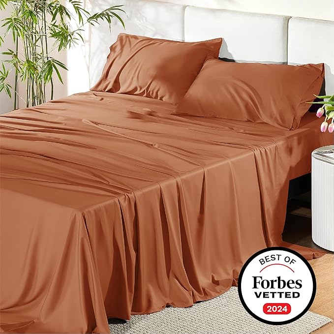 Bedsure King Size Sheets Set, Cooling Sheets for Hot Sleepers, Rayon Derived from Bamboo, Breathable & Soft, Deep Pocket Up to 16 Inches, Hotel Luxury Silky Bedding, Burnt Orange