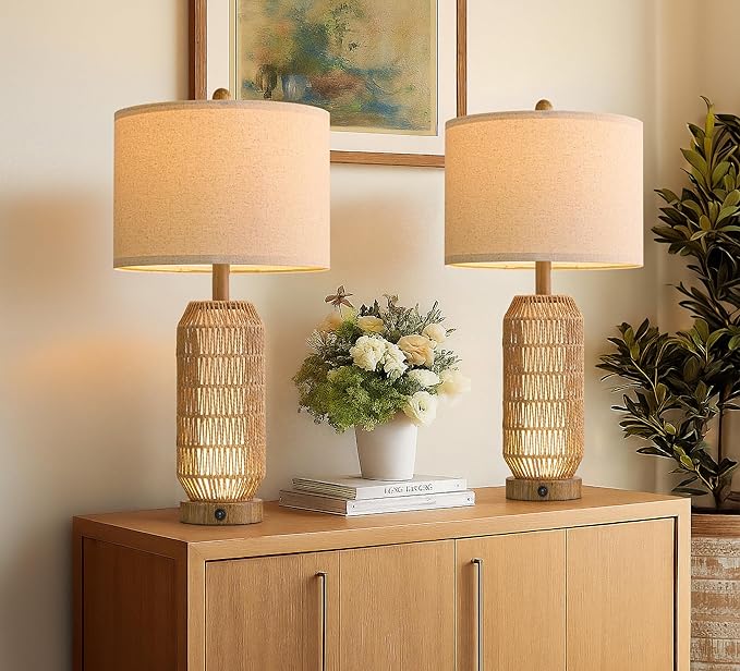 OYEARS 25" Table Lamps Set of 2 with Night Light,Bedside Lamps for Bedroom,Boho Lamps with USB C+A Charging Ports,Farmhouse Table Lamp with Rattan,Frosted Glass,Linen Shade (Wood Grain,Bulb Included)