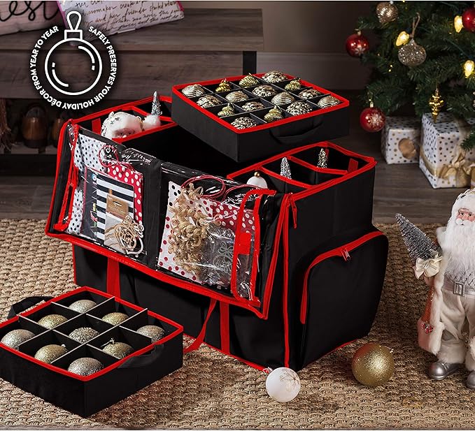 ZOBER All in One Christmas Ornament Storage Box & Decoration Container - Easy Access Removable Trays, Keeps 73 Ornaments - Adjustable Extent Area for Figurines and Pockets for Decoration - Black