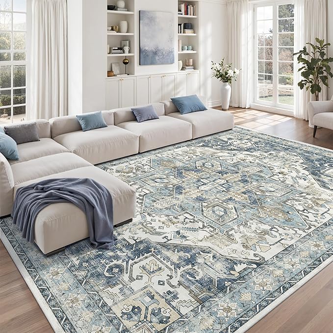 zesthome 10x12 Area Rugs-Washable Rug for Living Room, Non-Slip Backing Rugs, Stain Resistant 10x12 Rug for Bedroom, Ultra-Thin Low Pile Rugs, Vintage Large Home Decor