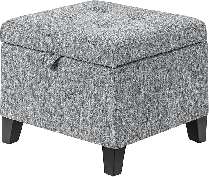 Adeco 17" Square Ottoman with Storage, Small Grey Storage Ottoman Foot Rest with Hinged Lid & Solid Wood Legs, Linen Fabric Foot Stool for Living Room & Bedroom