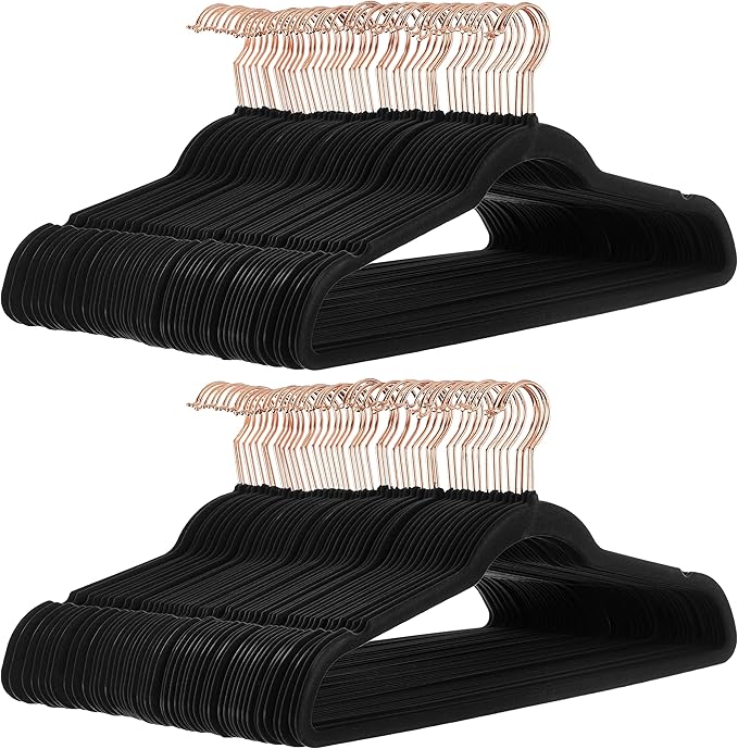 Amazon Basics Slim, Velvet, Non-Slip Suit Clothes Hangers, Black/Rose Gold - Pack of 100