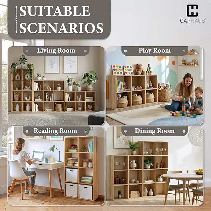 CAPHAUS Sturdy Room 11-Inch Cube Storage Organizer Shelf, with Thick Exterior Edge, Storage Shelf Divider w/Back, Bookcase, 8-Cube, Natural Oak