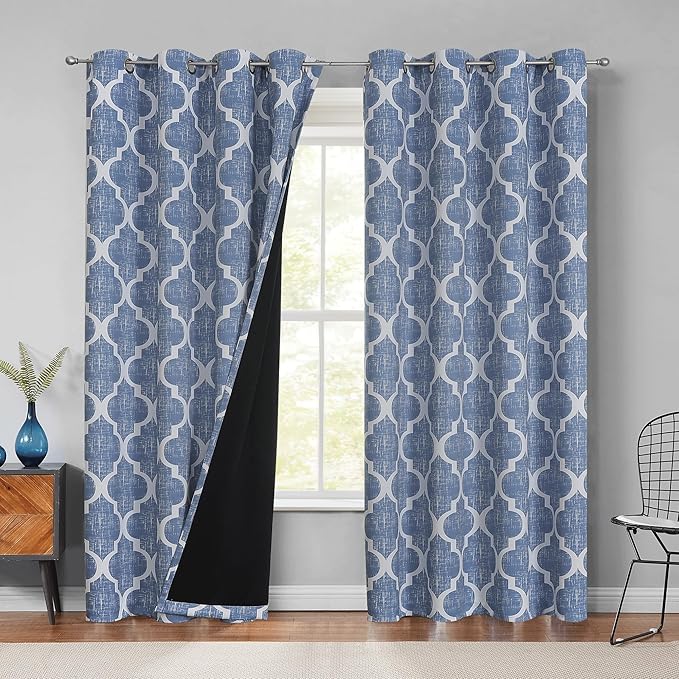 Beauoop 100% Blackout Curtains 108 Inches Long 2 Panels for Bedroom Living Room Blue Moroccan Geo Room Darkening Thermal Insulated Soundproof Grommet Top Window Treatments Drapes, 50x108 Set of 2