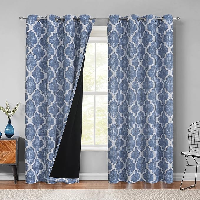 Beauoop 100% Blackout Curtains 90 Inches Long 2 Panels for Bedroom Living Room Blue Moroccan Geo Room Darkening Thermal Insulated Soundproof Grommet Top Window Treatments Drapes, 50x90 Set of 2