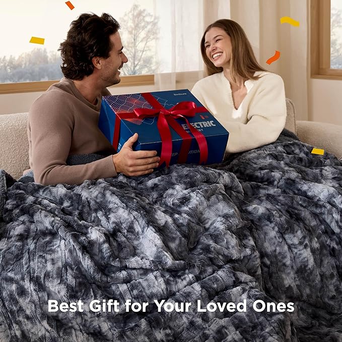 Bedsure Faux Fur Heated Blanket Full Size, Fast Heating Electric Blanket Full Size with 6 Heating Levels & 10 Time Settings, Cozy Gifts for Women Men (72x84 inches, Denim Blue)