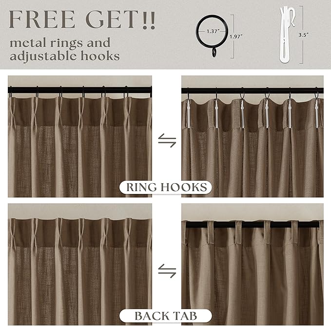 Brown Pinch Pleated Linen Curtains 84 Inches Long 2 Panels Set for Living Room Dining Pinch Pleat Back Tab Light Filtering Boho Farmhouse Bedroom Window Curtain Drapes 84 Inch Length Dutch Cocoa