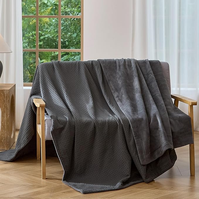 CHUFFED Cotton Waffle Blanket Throw Size - Plush Milk Velvet & Reversible Waffle Weave,Anti-Static 300Gsm Design，Thick Cozy Soft Winter Blanket for Bed, Couch, Sofa - Dark Grey, 50x70 Inches