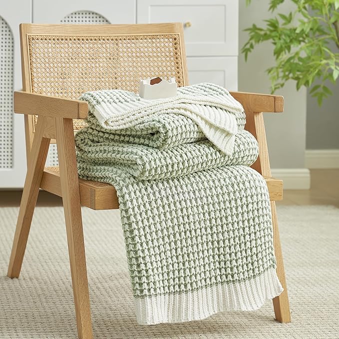 Amélie Home Waffle Chenille Throw Blanket for Couch, Pineapple Stitch Knit Soft Cozy Knit Blanket Decorative Throw for Sofa, Chair, 60 * 80", Sage Green&Ivory