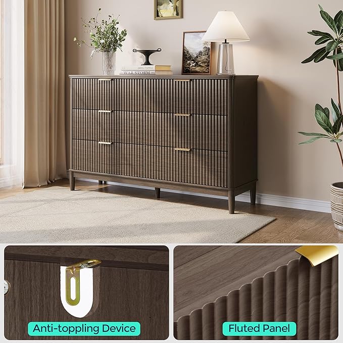 LINSY Fluted Dresser for Bedroom with 6 Drawers, Mid Century Modern Chest of Drawers with Gold Metal Handles, Wide Boho Wood Dressers, Large Farmhouse Storage Cabinet for Bedroom, Living Room, Walnut