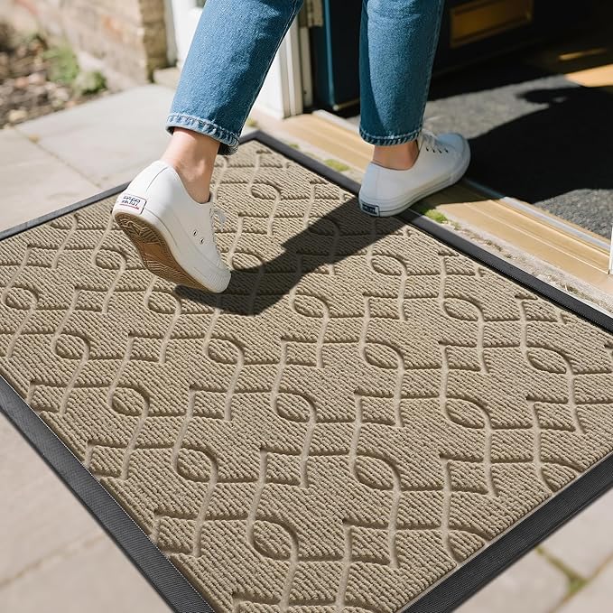 Yimobra Outdoor Mats for Front Door 29.5x17, All-Season Waterproof Doormat Outdoor Entrance, Heavy Duty Non-Slip Outside Door Mat for Garage Patio Proch Entryway Indoor, Light Beige