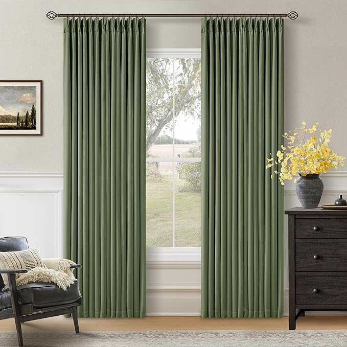 86 Inch Olive Green Pleated Blackout Curtains 2 Panels Set for Bedroom Living Room Darkening 100% Black Out Memory Trained Farmhouse Rustic Farmhouse Pinch Pleat Linen Window Curtains 86 Inch Length