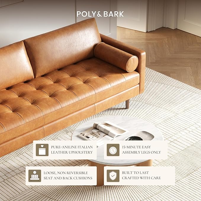 POLY & BARK Napa 72" Leather Sofa – Full-Grain Italian-Tanned Aniline Leather, Feather-Down Comfort, Solid Wood Frame, Walnut Legs, Cognac Tan