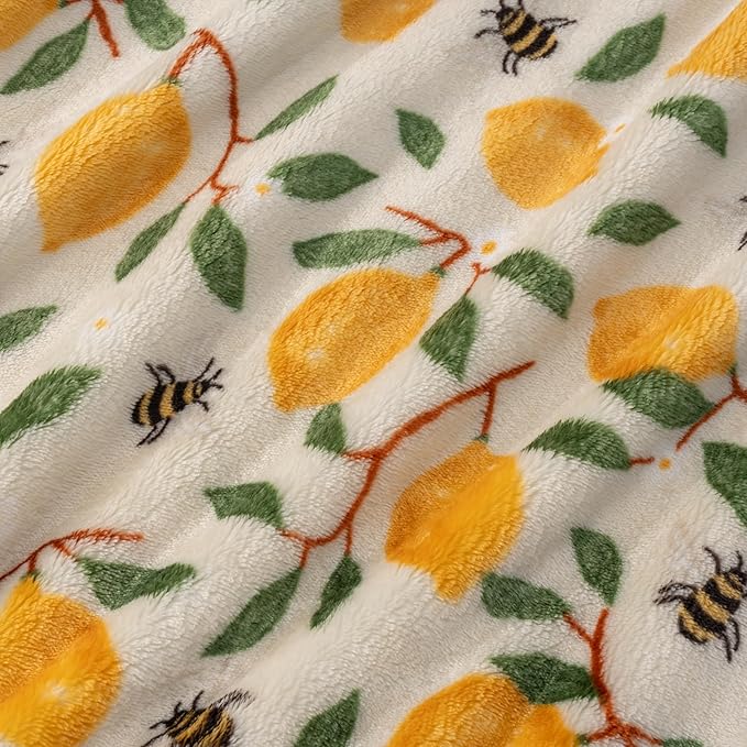 Berkshire Blanket-Classic Heavyweight Soft Printed VelvetLoft® Plush Blanket, Full/Queen Size Soft Fuzzy Warm Blanket for Couch Sofa Bed, Lemons and Bees Yellow, 90in x 90in