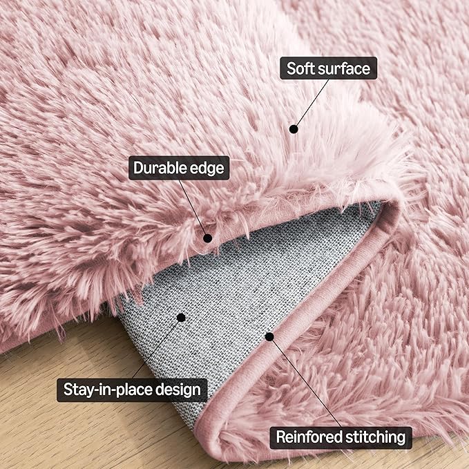 Amazon Basics Fluffy Washable Round Area Rug, Circle Shaggy Carpet for Living Room, Bedroom, Nursery, 5'R, Pink